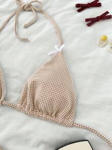 Swim Mod Women's Sweet Plaid Textured Triangle Top And Shorts Bikini Set For Summer - Brown - View 3