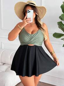 SHEIN CURVE+ Traje de baño de 2 piezas talla grande para mujer, vestido de baño tipo tankini con cintura alta elástica de unicolor, estilizador y modesto para la piscina y aguas termales