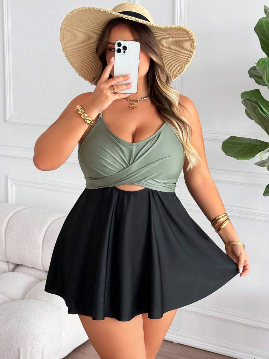 SHEIN CURVE+ Traje de baño de 2 piezas talla grande para mujer, vestido de baño tipo tankini con cintura alta elástica de unicolor, estilizador y modesto para la piscina y aguas termales