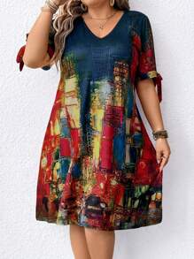 EMERY ROSE Plus Size Casual Allover Print V-Neck Short Sleeve Dress, Summer - Multicolor - View 3