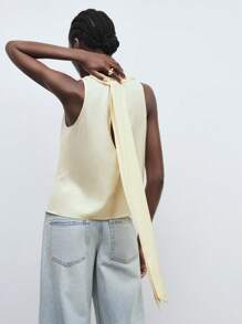 Maija Women's Pale Yellow Summer Elegant Office Satin Tank Top,Standing Collar Ruched Front Middle Pleats,Back Button Placket,Loose Fit Sleeveless Blouse - Yellow - View 4