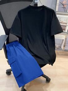 SHEIN 2 件套青少年男童休闲撞色短袖 T 恤和短裤套装，街头朋克摇滚风格，适合日常、派对、音乐节、春夏季 - 寶藍色 - 查看 2