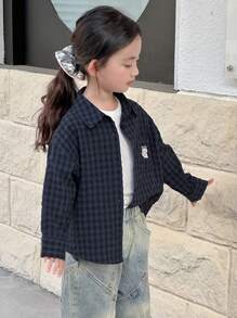 Dazy Kids 年轻女孩格子印花卡通刺绣休闲长袖衬衫，秋装 - 藍色 - 查看 5