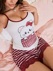 SweetSlumber 2pcs/Set Women Cute Cat Pattern Bowknot Pajama Set