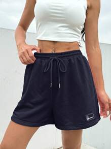 SHEIN EZwear EZwear Summer Loose Casual Drawstring Waist Patch Detail Sports Shorts - Navy Blue - View 6