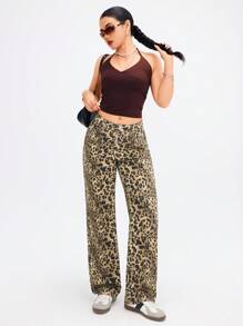 SHEIN EZwear Leopard Print Pocketed Casual Straight-Leg Jeans