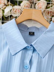 SHEIN LUNE Western Vacation Spring Dress Summer Women Outfit Boho Western Wear Sun Dress Spring Break Shirt Shape Textured Fabric Splicing Hem Double Ruffles - Blue - View 5