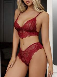 Floral Lace Bra & Panty Lingerie Set - Burgundy - View 5