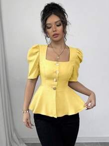 Elenzga 女式夏季衬衫，方形领口，短袖，金属纽扣装饰，破洞拼接下摆，收腰，梭织面料，日常时尚优雅 - 黃色 - 查看 3