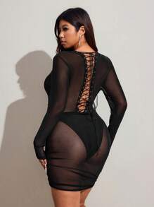 Viva Relle Plus Size Women Long Sleeve Sheer Back Ruffle Decor Club Dress - Black - View 1