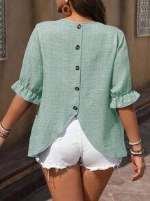 SHEIN LUNE Plus Size Women Tie Sleeve Shirt With Decorative Buttons Women Summer Clothing Summer Clothes Women Clothes Tops For Women Elegant Women Summer Shirts Women Plus Clothing Formal Women Plus Clothing Business Casual Tops For Women Women Blouses - Cadet Blue - View 4