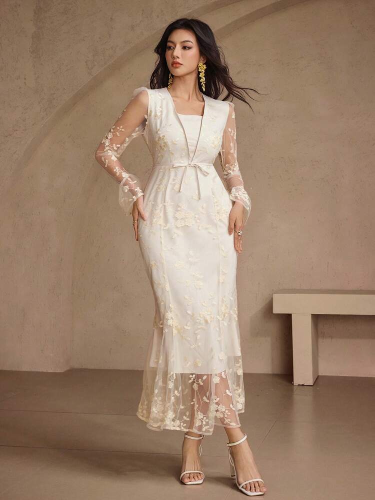 Women Elegant Mesh See-Through Mid-Calf Dress, Fall New Arrival Long Sleeve Dress