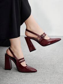 CUCCOO BIZCHIC Burgundy Pointed Toe Thick Heeled Strap Women Casual Shoes, Simple Basic Commute, Date, Party, Holiday For Christmas Spring Shoes - Burgundy - View 3