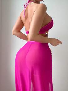 SHEIN 3pcs/Set Sexy Halter Golden Tassel Split Maxi Dress Set For Going Out - Hot Pink - View 2