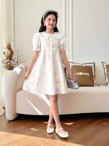 SHEIN Tween Girls Cute & Elegant Jacquard Organza Lace Peter Pan Collar Puff Sleeve Mini Dress - White - View 1