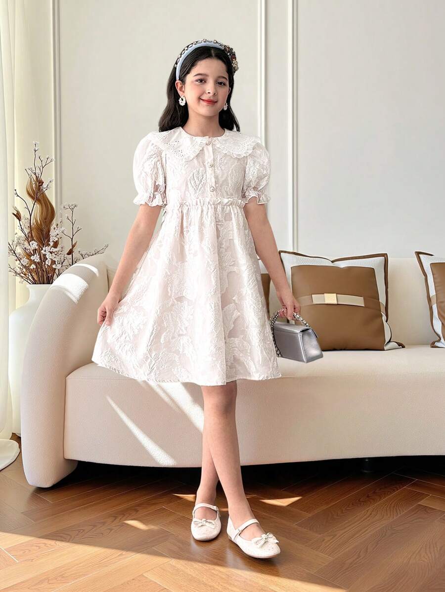 SHEIN Tween Girls Cute & Elegant Jacquard Organza Lace Peter Pan Collar Puff Sleeve Mini Dress - White - View 1
