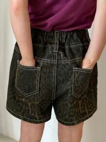 DAZY 少女豹纹牛仔短裤，少女秋装 - 棕色 - 查看 2