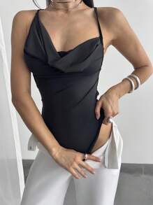Firerie New Elegant Sexy Party Music Festival Back-To-School Vacation Date Outfit: Black Crisscross Backless Spaghetti Strap Uneven Bustier Tight-Fitting Bodysuit, Shiny Material, Spring/Summer, Concert Outfit Women