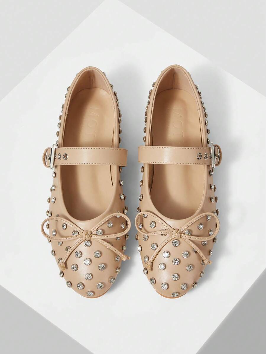 MOTF PREMIUM BOW STUDDED MARY JANE ROUND TOE FLAT SHOES FOR CHRISTMAS - Apricot - View 1