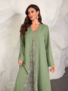 SHEIN Lacomfia Traditional Print Patchwork Pleated Loose Arabic Style Dress, Modest - Green - View 5