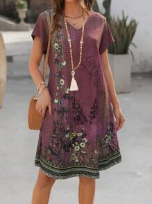 EMERY ROSE Women's Summer Short-Sleeved Dress With Geometric Pattern Print - Hot Pink - View 3