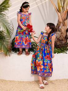 SHEIN 年轻女孩热带印花休闲裙，夏季 - 彩色 - 查看 3