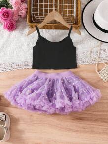 SHEIN Young Girl Summer Casual Butterfly Print Camisole And Tulle Puff Skirt Set