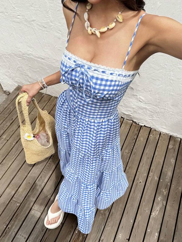 SHEIN EZwear Women's Plaid Sleeveless Long Dress, Casual Resort Wear