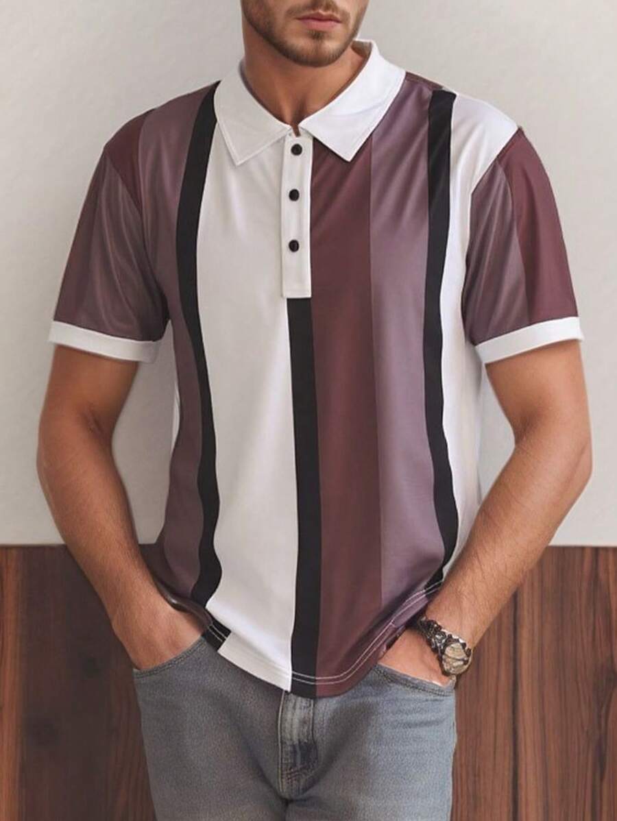 Manfinity Dauomo Áo thun polo tay ngắn họa tiết sọc Colorblock thường ngày mùa hè dành cho nam - Nhiều màu - Xem 1