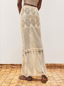 Maija Women's Summer Vacation Hollow Out Knitted Drawstring Waist Sweater Skirt - Khaki - View 7