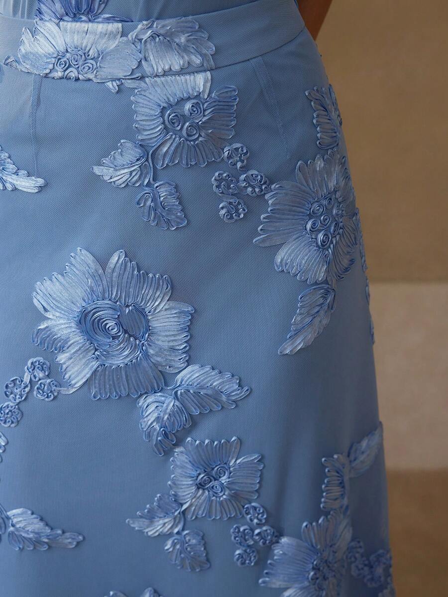 MOTF PREMIUM FALDA CON PARCHE FLORAL DE MALLA DE CONTRASTE - Azul - Ver 2