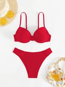 Swim Basics Bộ đồ bơi 2 mảnh đệm nâng ngực gợi cảm màu đen cho nữ và quần bikini, đồ bơi đi biển mùa hè - Đỏ - Xem 3