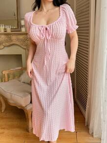 SHEIN Damen rosa Ausschnitt Jacquard Quadratausschnitt Schleife Vorne Lange Nachthemd Babydoll Pyjama Set Damen Nacht Lässig Kleider für Damen Sommer Kleider für Damen Urlaubssaison, Urlaub