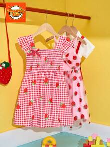 SHEIN Young Girl' Cute Strawberry Pattern Cap Sleeve Ruffle Hem Dress, Summer Casual For Vacation & Outdoor Activitie - Red - View 3