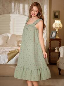 CottageSlumber 浪漫碎花荷叶边方领长款睡袍娃娃裙女式睡衣春秋连衣裙女士休闲连衣裙完美夏日，Moo Moo 丰富的花卉图案，舒适优雅的细节 - 綠色 - 查看 6