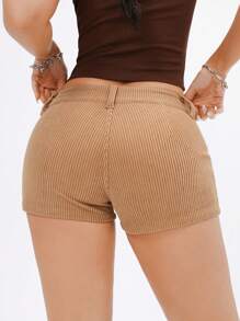 SHEIN EZwear 女式可调节腰带扣时尚灯芯绒短裤 - 卡其色 - 查看 2