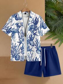 Manfinity RSRT Men's Ocean Animal Printed Blue Beach Set, Suitable For Summer - Blue - View 1