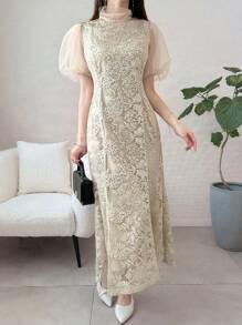 FRIFUL Women's Vacation Feminized Full Lace Mermaid Bowknot Belted Slim Solid Cream Yellow Dress, Women's Summer Women Dresses Birthday Women Birthday Women Casual Dress Women Clothes Summer Clothes Prom Dress - Apricot - View 4