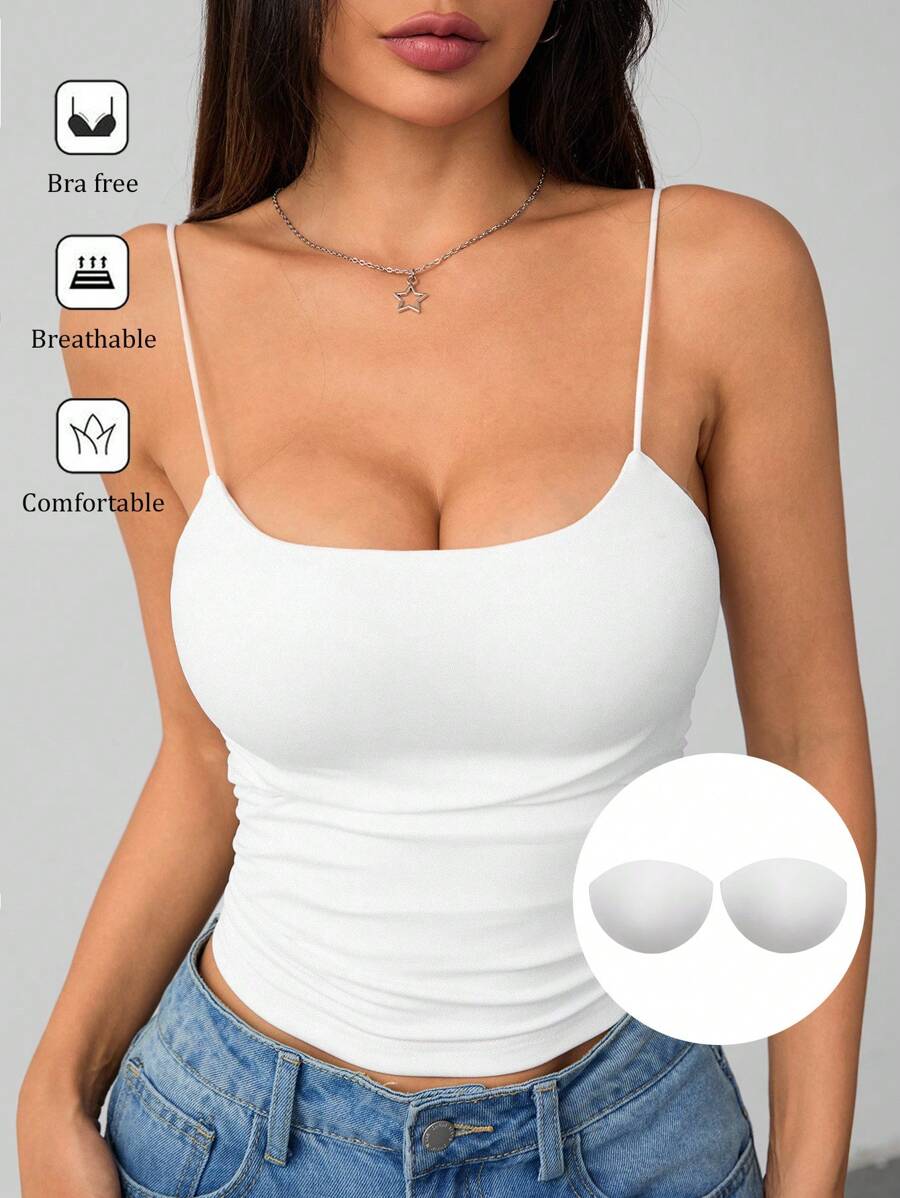 SHEIN EZwear Plus Size White Strap Cami Top With Cup Pad, College Student, Suitable For Spring And Summer - White - View 1