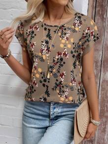 EMERY ROSE Women Floral Print Batwing Sleeve Blouse, Summer - Brown - View 5