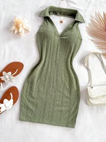 Soleia Robe de femme carrée de cou à dos nu en tissu tricoté Aran de style décontracté pour les vacances