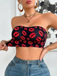 Snug Zone 2pcs/Set Women Lip Graphic & Solid Color Bandeau Bra Underwear Set - Multicolor - View 5