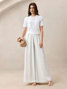 BizChic Women's Elegant Lace Knitted Blouse,White Summer Tea Party Wedding Guest Top,Musical Festival Brunch Urban Commute Daily Casual Wear New Arrival - White - View 3