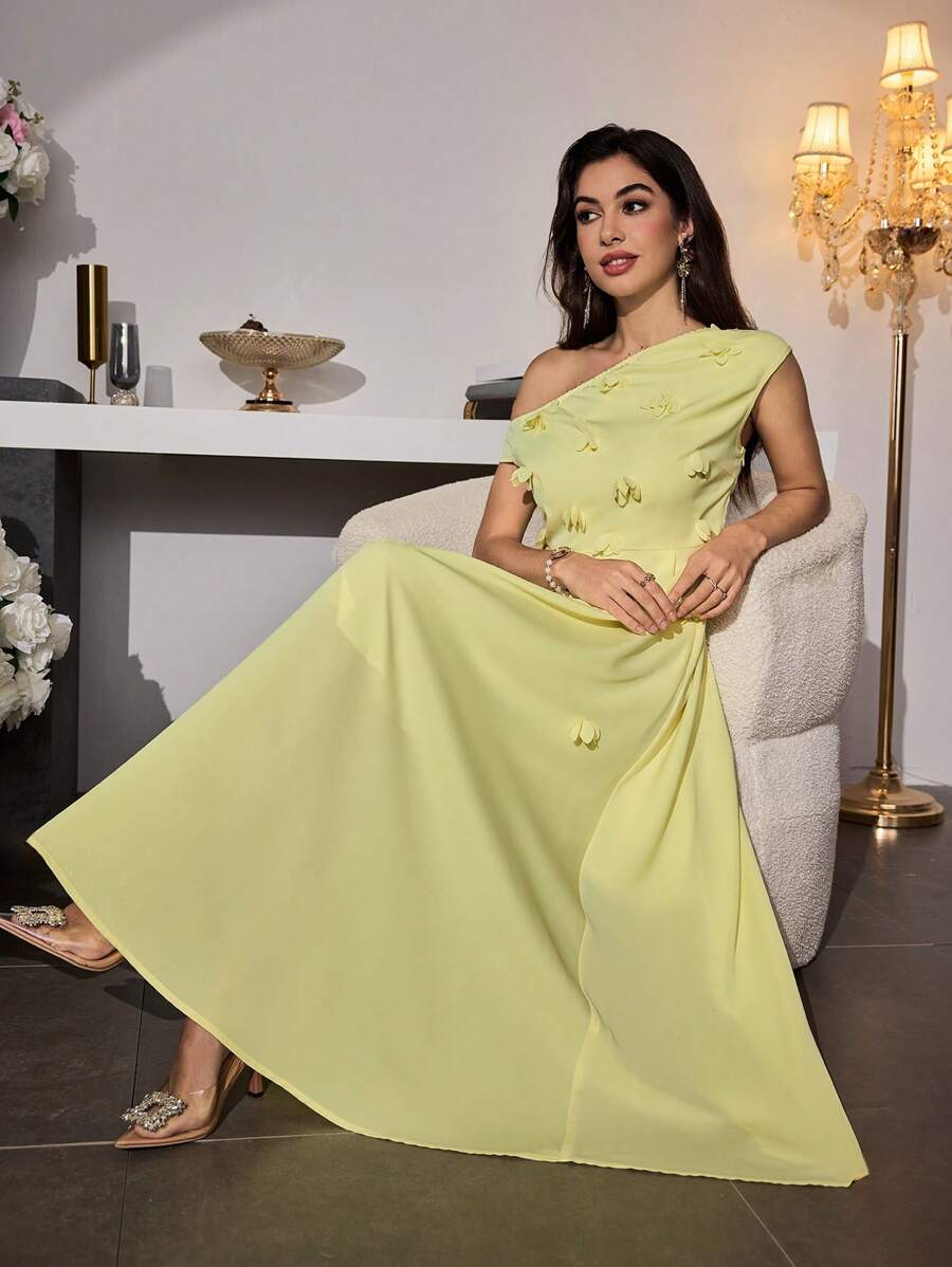 Modelyn Vestido con estampado floral, cuello de pie asimétrico para los hombros de la mujer, estilo romántico, elegante y encantador, para la primavera