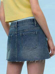 COUREZ Micro Denim Skirt With Distressed Hem /Y2K/Casual/Cotton /Summer Cotton Cotton Vintage - Medium Wash - View 7