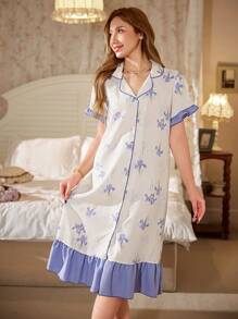 CottageSlumber Country Romantic Ditsy Floral Color Block Turndown Collar Ruffle Hem Women Nightgown Babydoll PerfectSummer - Blue - View 5