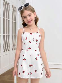 Tween Girls' Casual Cherry Print Woven Jumpsuit - White - View 6