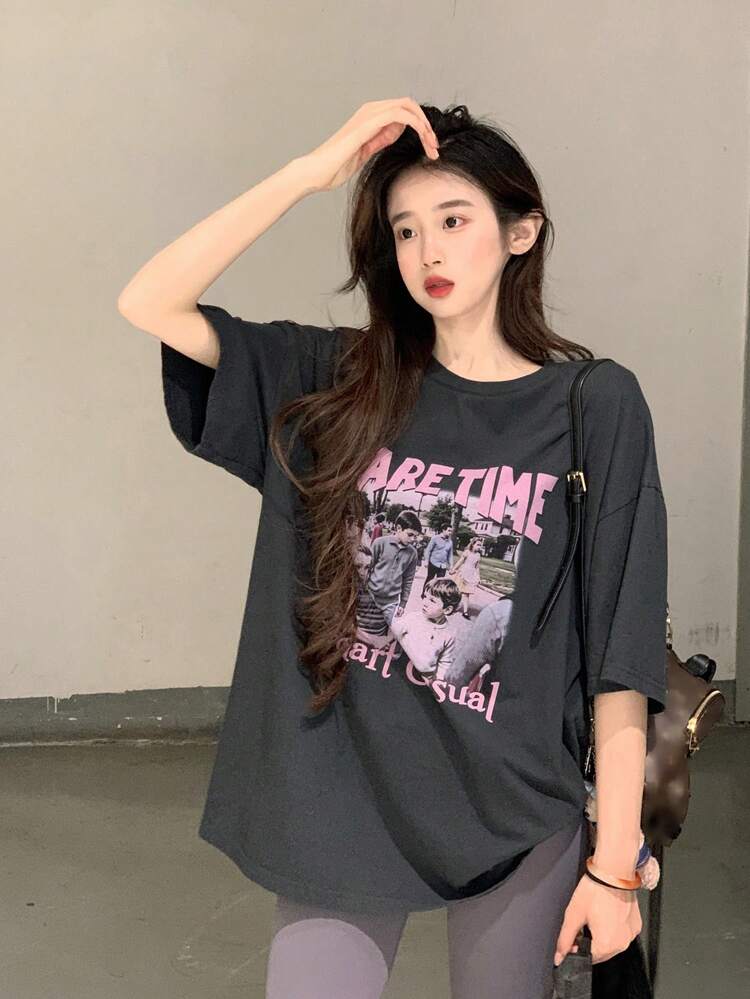 Women's Round Neck Casual Graphic Loose Street Style Short Sleeve T-Shirt, Summer Oversized T-Shirt
