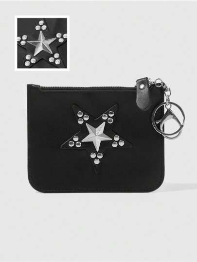 Grunge Punk 1 قطعة سلسلة مفاتيح فينتاج جوتيك فضي مزين بالنيتات بشكل نجمة ثلاثية الأبعاد، محفظة أو حقيبة صغيرة، إكسسوار حقيبة بطراز بانك Y2K عصري، حامل بطاقة هوية مناسب للاستخدام الجنسين في مهرجانات الموسيقى وحفلات الهالوين