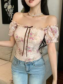 DAZY 春夏碎花蕾丝衬衫，优雅百搭，适合情人节、婚礼、派对、时尚活动等场合，修身剪裁，透视网纱方领短袖上衣，波西米亚风女装 - 淺粉色 - 查看 5